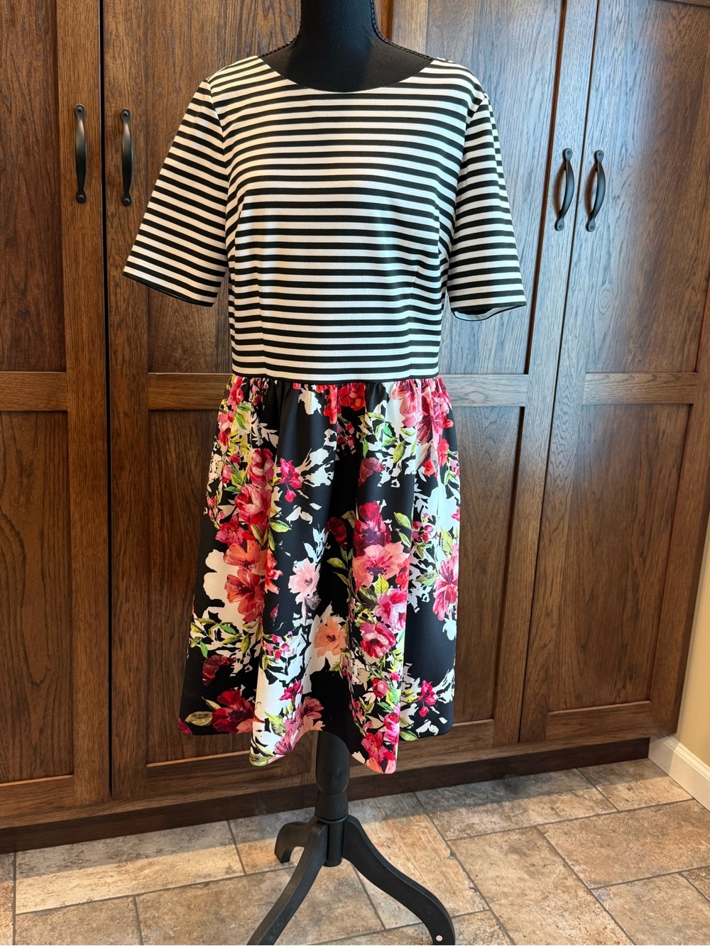 Jessica Howard Black & White Striped Bodice with Pink Floral Midi Skirt